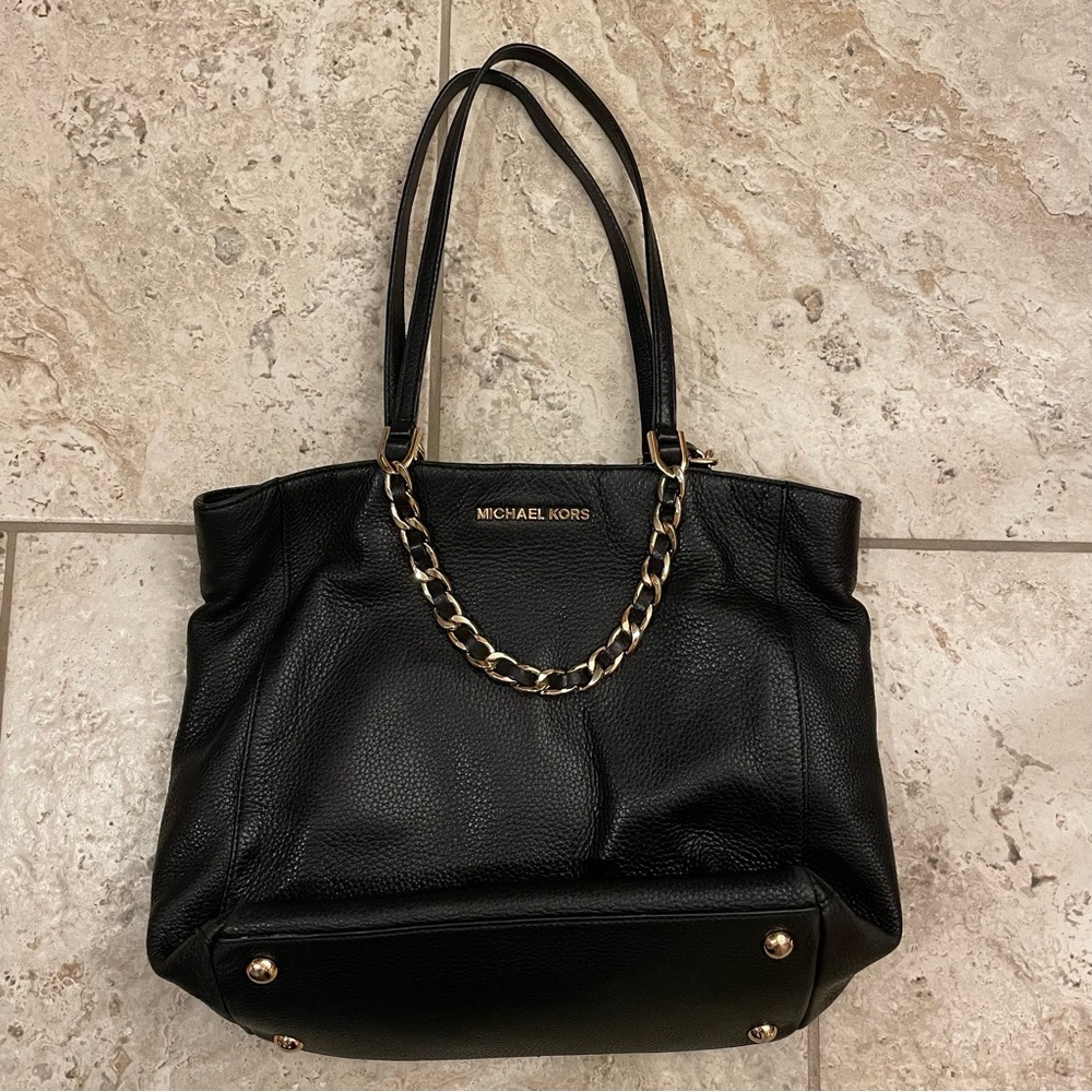 Michael Kors black leather shoulder bag with gold chain link accents
